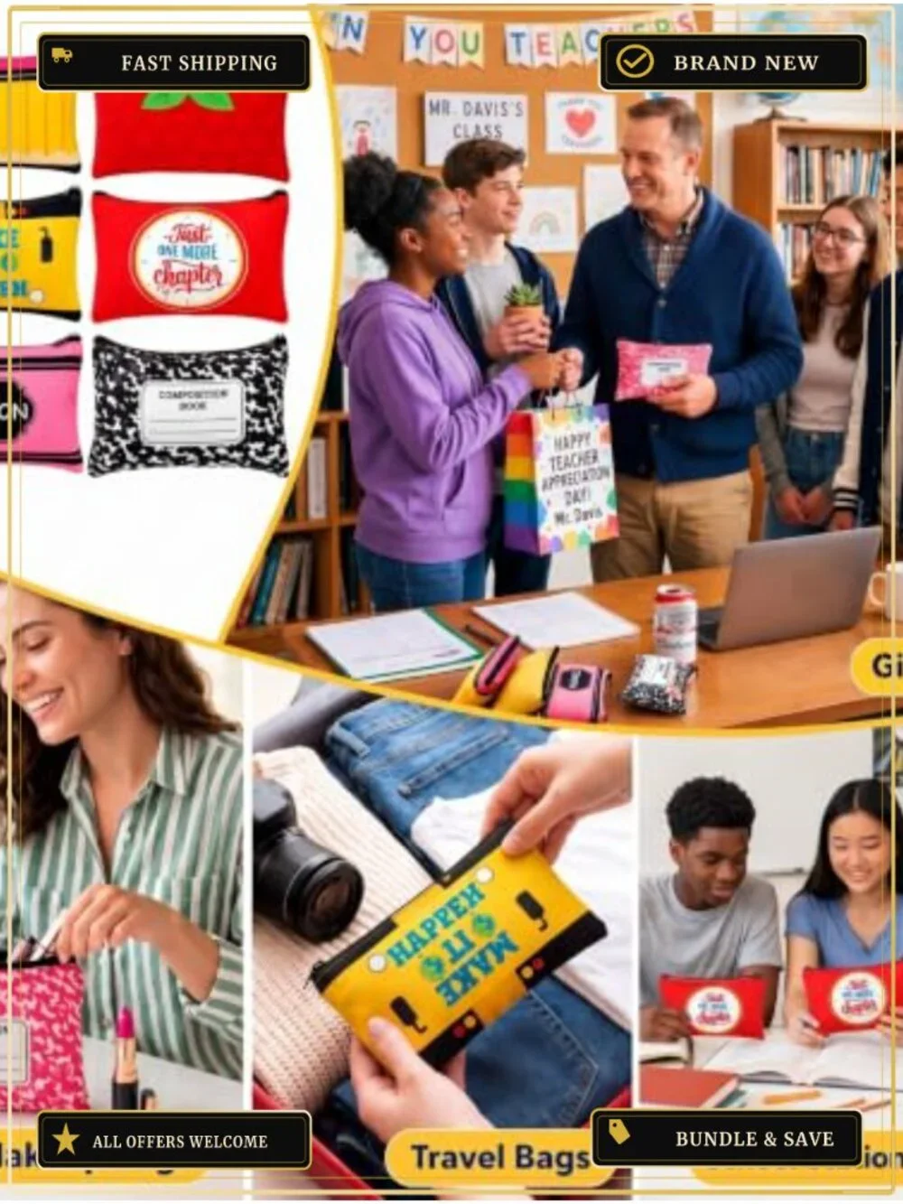 Teacher Appreciation Makeup Bags, Canvas Pencil Cases, Travel Toiletry Pouches,